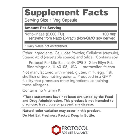 Protocol for Life Balance - Nattokinase 100 Mg - 2,000 Fibrinolytic Units of Enzyme Activity to Support Heart Health, Circulation, and Normal Blood Flow, Enhanced Formula Supplement - 60 Veg Capsules