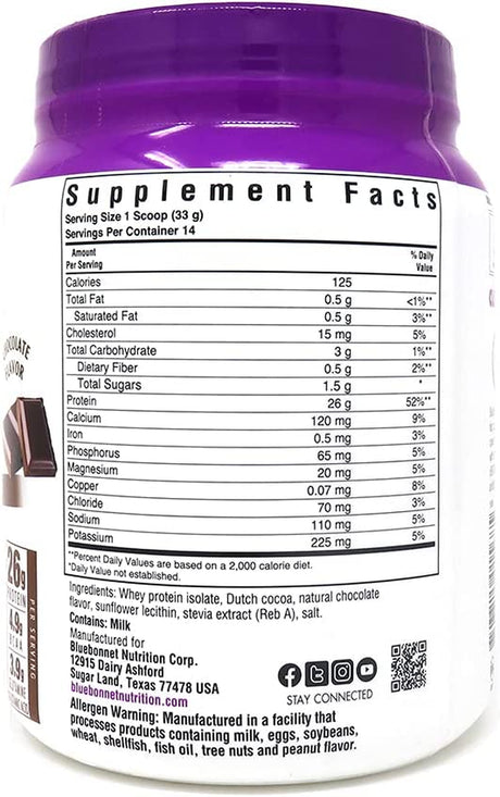 Bluebonnet Nutrition Whey Protein Isolate Powder, Whey from Grass Fed Cows, 26G of Protein, No Sugar Added, Gluten Free, Soy Free, Kosher Dairy, 1 Lb, 14 Servings, Chocolate Flavor