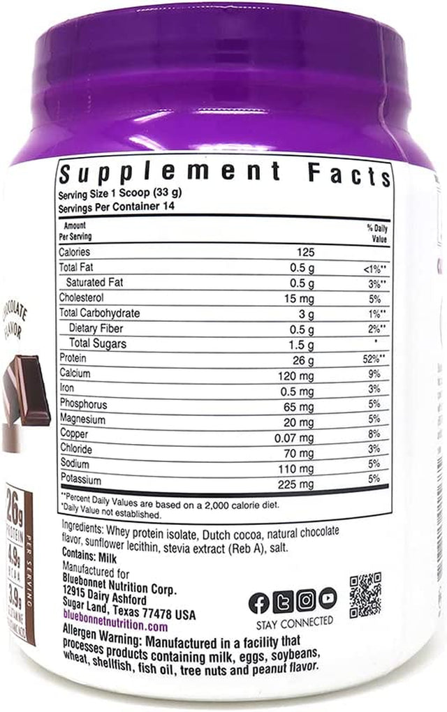 Bluebonnet Nutrition Whey Protein Isolate Powder, Whey from Grass Fed Cows, 26G of Protein, No Sugar Added, Gluten Free, Soy Free, Kosher Dairy, 1 Lb, 14 Servings, Chocolate Flavor