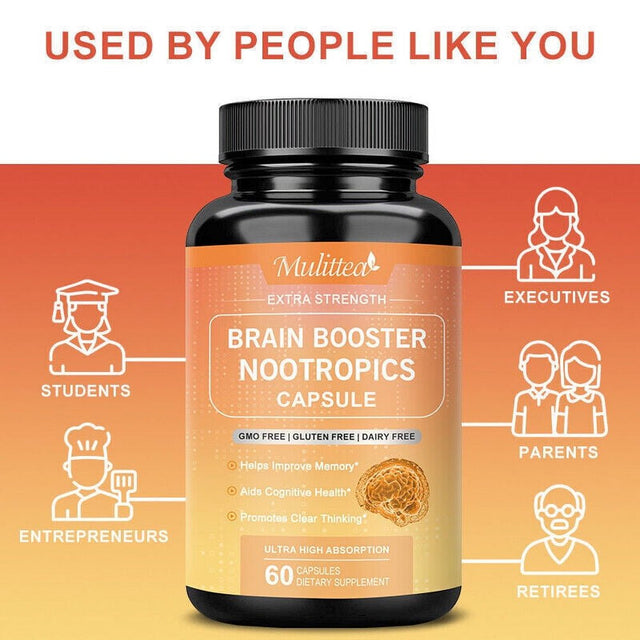 Brain Booster Nootropic Supplement Support Focus Energy Memory & Clarity 60-Capsule