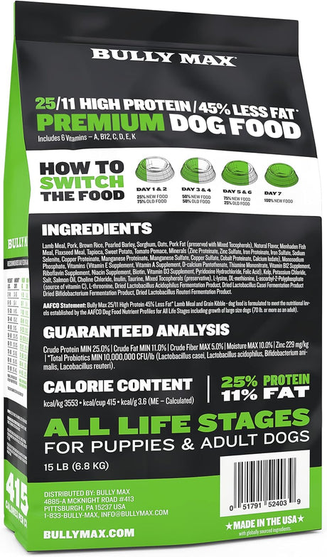 25/11 High Protein & Low Fat Dog Food | Chicken-Free Lamb Flavor | Large Kibble Size | All Life Stages Including Large Breeds | 15 Lbs.