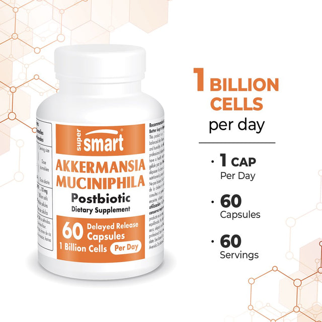 Supersmart - Akkermansia Muciniphila Postbiotic 1 Billion Non-Living Cells per Day (Maximum Strength) - GLP-1, Digestive & Gut Health Supplement | Non-Gmo & Gluten Free - 60 Delayed Release Capsules