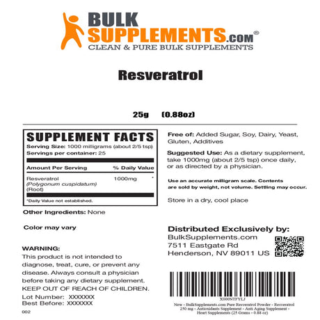 Bulksupplements.Com Resveratrol Powder, 1000Mg - Brain, Heart & Joint Support Supplement (25G - 25 Serv)