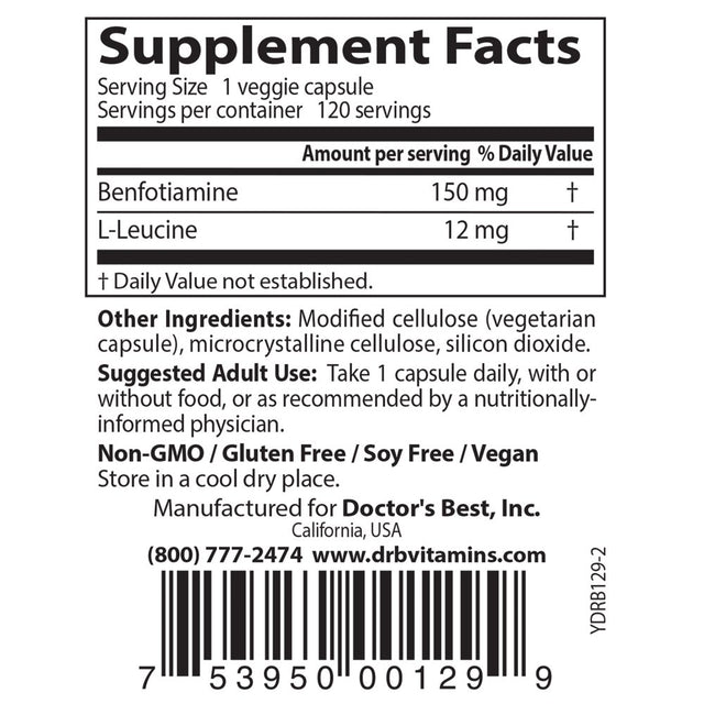 Doctor'S Best Benfotiamine with Benfopure, Non-Gmo, Gluten Free, Vegan, Helps Maintain Blood Sugar Levels, 150 Mg, 120 Veggie Caps