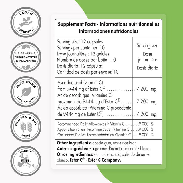 Supersmart - Ester C 9444 Mg per Day (Vitamin C) - with Ascorbic Acid - Antioxidant & Immune Support Supplement | Non-Gmo & Gluten Free - 120 Vegetarian Capsules