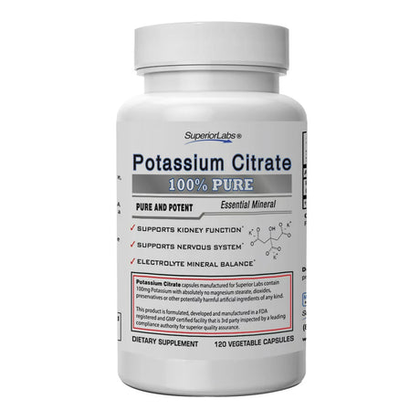 #1 Quality Potassium Citrate by Superior Labs - 100Mg, 120 Vegetable Caps - Made in USA, 100% Money Back Guarantee