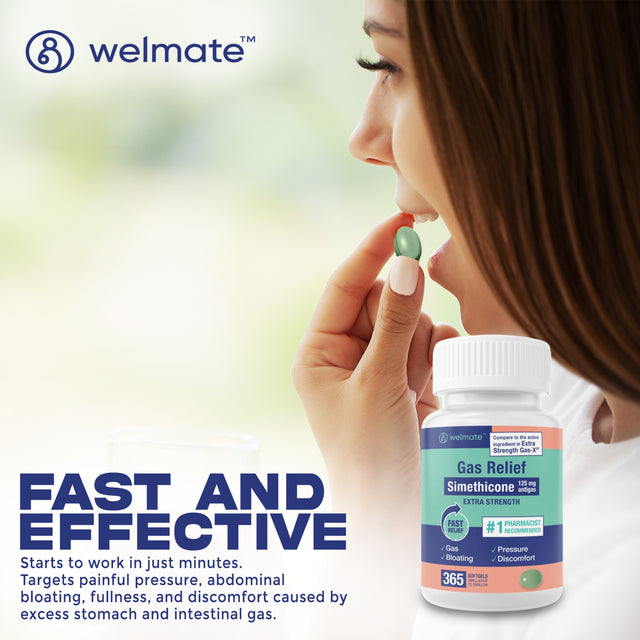 Welmate Simethicone 125 Mg - Extra Strength Gas Relief - IBS & Bloating Support - 365 Count Softgels