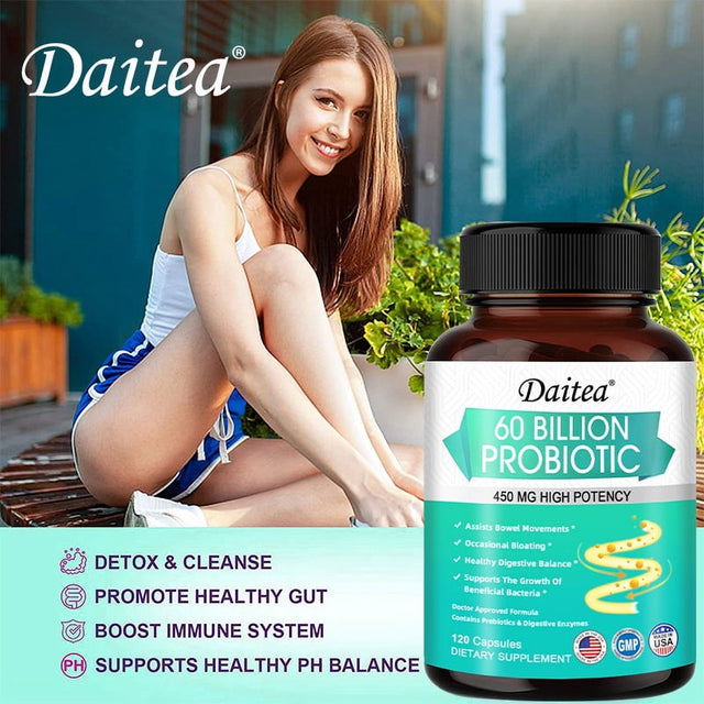 Daitea Probiotics 60 Billion + Probiotic Blend Capsules - 450 Mg per Serving - Gut Health, Digestion, Bloating, Constipation, Heart, Immune Support Supplement