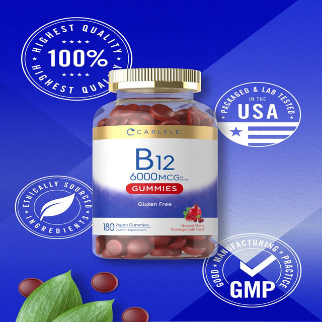 Vitamin B12 Gummies 6000Mcg | 180 Count | Natural Cherry Pomegranate Flavor | Vegan Formula | by Carlyle