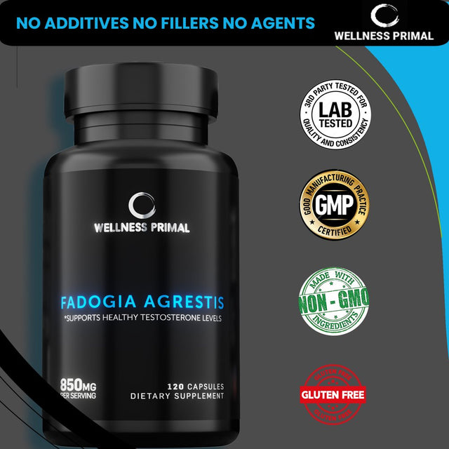 Fadogia Agrestis 850Mg per Serving (120 Capsules) Maximum Strength Extract Supports Healthy Testosterone Levels and Athletic Performance Made in the USA by Wellness Primal (3 Bottle)