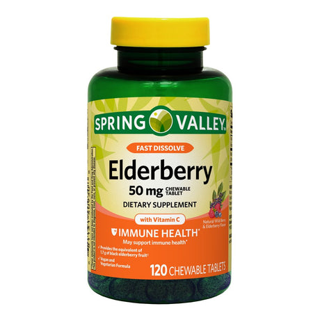 Spring Valley Elderberry Chewable Tablets Dietary Supplement, Wild Berry & Elderberry Flavor, 50 Mg, 120 Count
