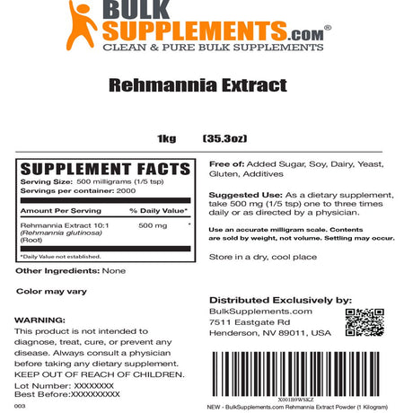 Bulksupplements.Com Rehmannia Root Extract Powder - Kidney Support - Anti-Inflammatory Supplements - Herbal Rest - Renal Vitamins Supplements (1 Kilogram - 2.2 Lbs)