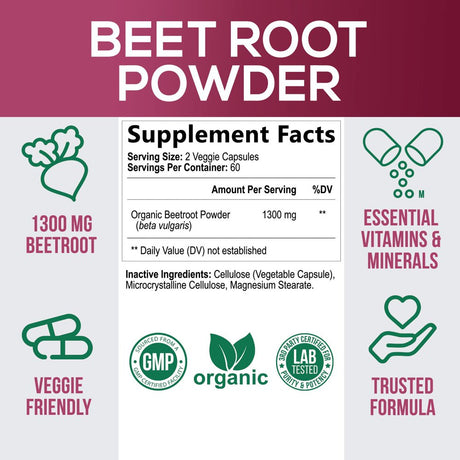 Beet Root Powder Capsules - Supports Athletic Performance, Digestive Health, Immune System - Nature'S Beet Root Extract Supplement 1300Mg per Serving - Vegan, Gluten Free, Non-Gmo - 120 Capsules