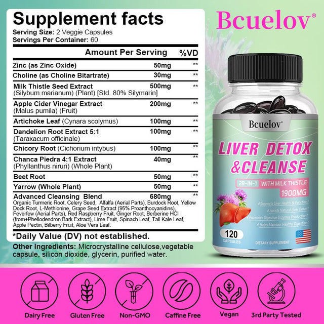 Bcuelov Liver Cleanse Detox & Repair - 28+ Herbs - Premium Liver Health Formula - Liver Support Detox Cleansing Supplement