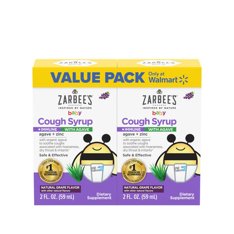 Zarbee'S Baby Cough Syrup + Immune with Agave + Zinc, Natural Grape Flavor, 2 X 2 Fl Oz