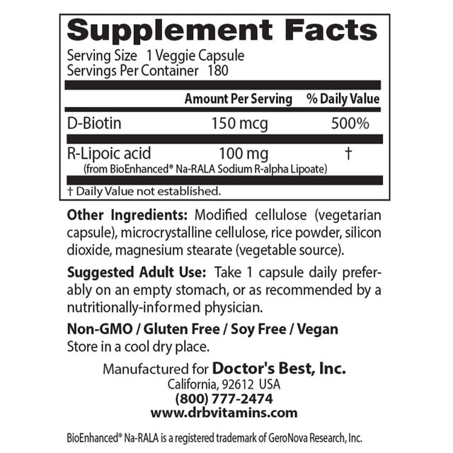 Doctor’S Best Stabilized R-Lipoic Acid with Bioenhanced Na-Rala , Non-Gmo, Gluten Free, Vegan, Helps Maintain Blood Sugar Levels, 100 Mg 180 Veggie Caps