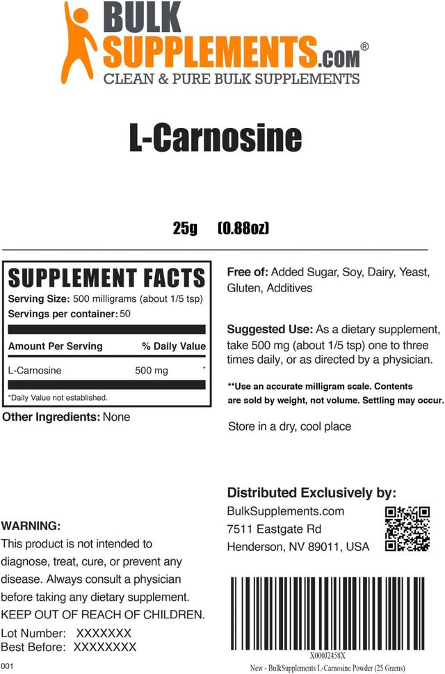 BULKSUPPLEMENTS.COM L-Carnosine Powder - Eye Supplement - Improve Vision Naturally - Amino for Brain - Carnosine Supplement - Nerve Support (25 Grams - 0.88 Oz)