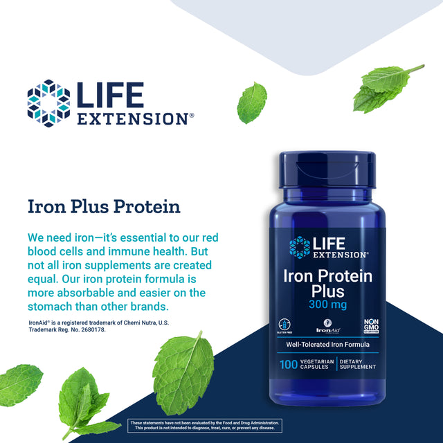 Life Extension Iron Protein Plus, 300 Mg - Supports Red Blood Cell & Protein Production - Gluten-Free, Non-Gmo - 100 Vegetarian Capsules