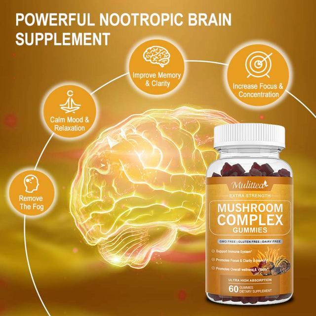 Mulittea Effective Mushroom Complex Gummies Supplement for Men & Women - Brain Booster, Immune Support, Energy - 60 Gummies