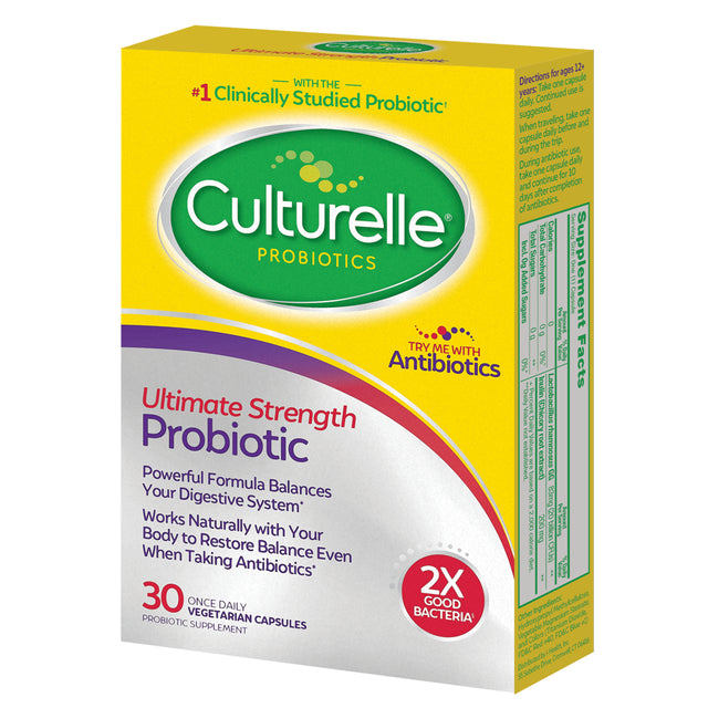 Culturelle Ultimate Strength Probiotic for Men and Women, Most Clinically Studied Probiotic Strain, 20 Billion Cfus, Supports Occasional Diarrhea, Gas & Bloating, Non-Gmo, 30 Count