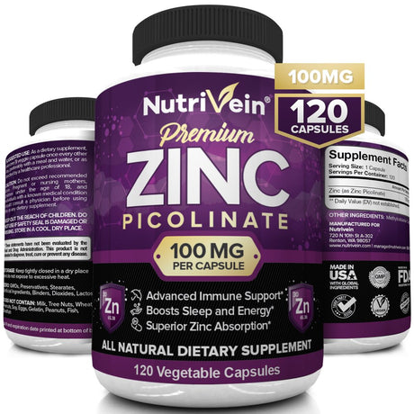 Nutrivein Premium Zinc Picolinate 100Mg - 120 Capsules - Immunity Defense Boost