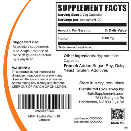 Bulksupplements.Com Inositol Capsules, 1000Mg - Antioxidant Supplements (120 Veg Capsules - 60 Servings)