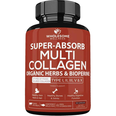 Super-Absorb Multi Collagen Pills (Type I II III V X) Organic Herbs and Bioperine - Anti-Aging, Hair, Skin, Nails, Joints - Hydrolyzed Collagen Peptides Protein Supplement for Women Men (9