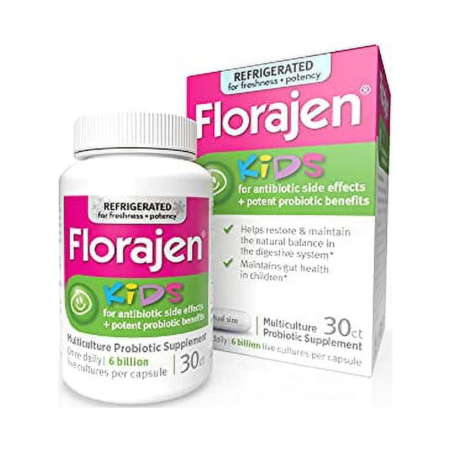 Florajen Kids Refrigerated Probiotics | Supports Gut and Immune Health | 6 Billion Cfus | for Antibiotic Side Effects | 30 Capsules, White