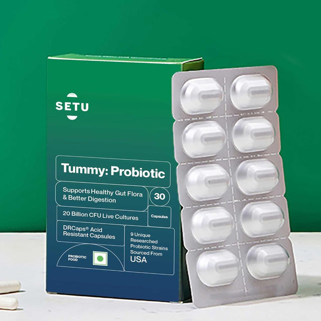 Setu Tummy Probiotic - 30 Capsules (Pack of 1) | 9 Strains with 20 Billion Cfus, Naturally Fermented Probiotics Lactobacillus & Bifidobacterium, Better Immunity, Gut Health, Reduced Gas