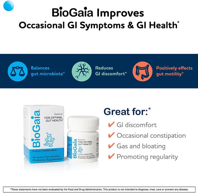 Biogaia Gastrus Chewable Tablets, Adult Probiotic Supplement for Stomach Discomfort, Constipation, Gas, Bloating, Regularity, Non-Gmo, 30 Tablets, 1 Pack