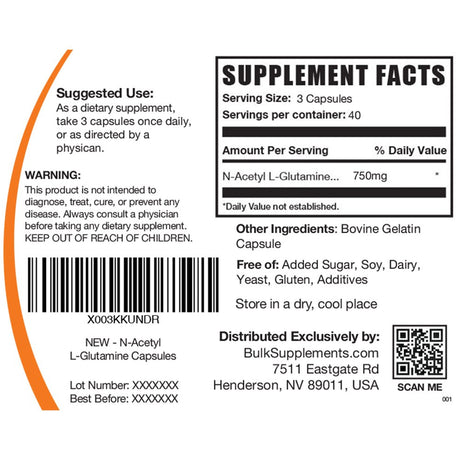 Bulksupplements.Com N-Acetyl L-Glutamine Capsules, 750Mg - Pre-Workout Supplements for Athletic Endurance (120 Gel Caps - 40 Serv)