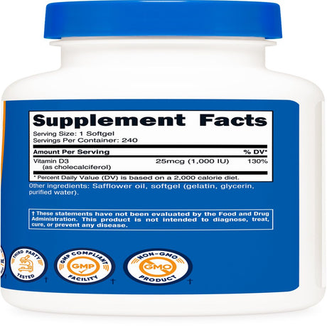 Nutricost Vitamin D3 1000Iu Softgels, 240 Softgels, Non-Gmo & Gluten Free Supplement
