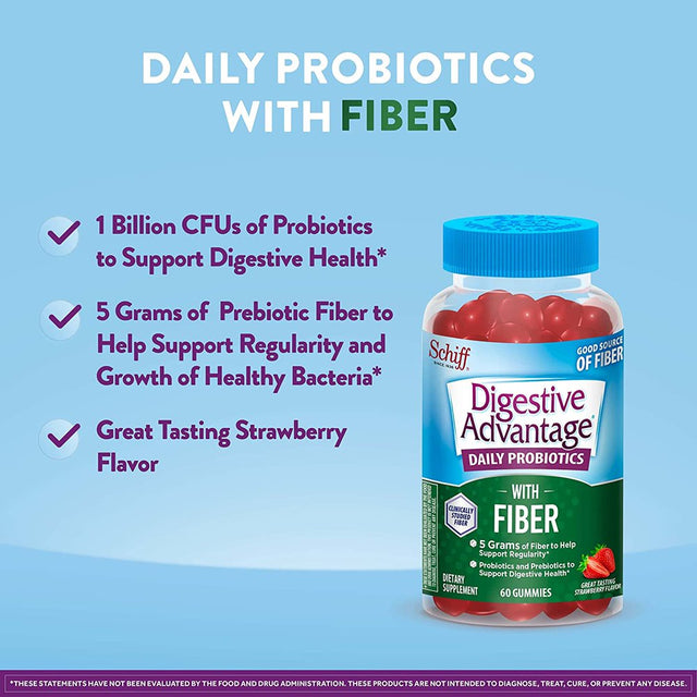 Digestive Advantage Daily Probiotic + Prebiotic Fiber, for Digestive & Immune Health, Strawberry Flavor - 60 Gummies (Pack of 3)