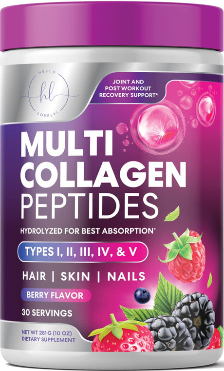 Hello Lovely! Collagen Peptides Powder - Grass Fed Hydrolyzed Protein, Type I, II, III, IV & V, Hair, Skin, Nails & Joint Support, Keto & Paleo, Non-Gmo, Collagen Powder for Women - 30 Servings