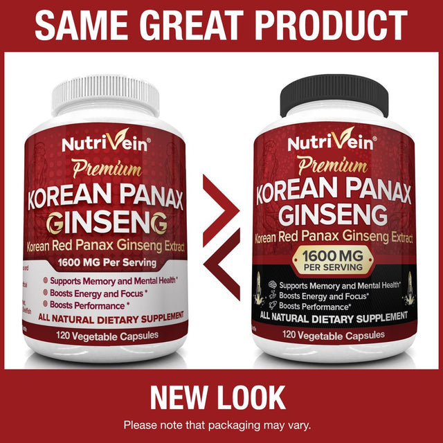 Nutrivein Korean Red Panax Ginseng 1600Mg - 120 Vegan Capsules - for Energy, Libido