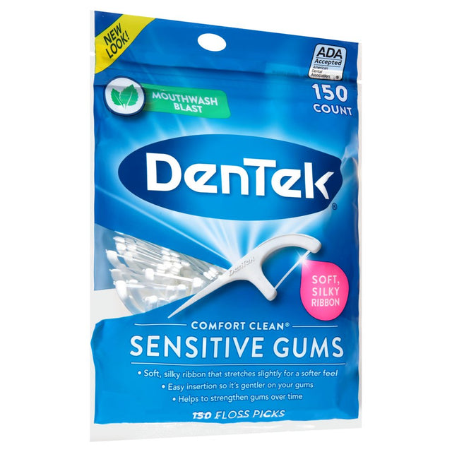 Dentek Comfort Clean Sensitive Gums Floss Picks, Soft & Silky Ribbon, 150 Count