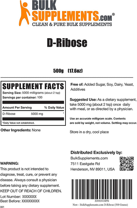 BULKSUPPLEMENTS.COM D-Ribose Powder - Peak ATP - Ribose Powder - Ribose Supplement - D Ribose Powder Bulk - 5G (5000Mg) per Serving, 100 Servings (500 Grams - 1.1 Lbs)