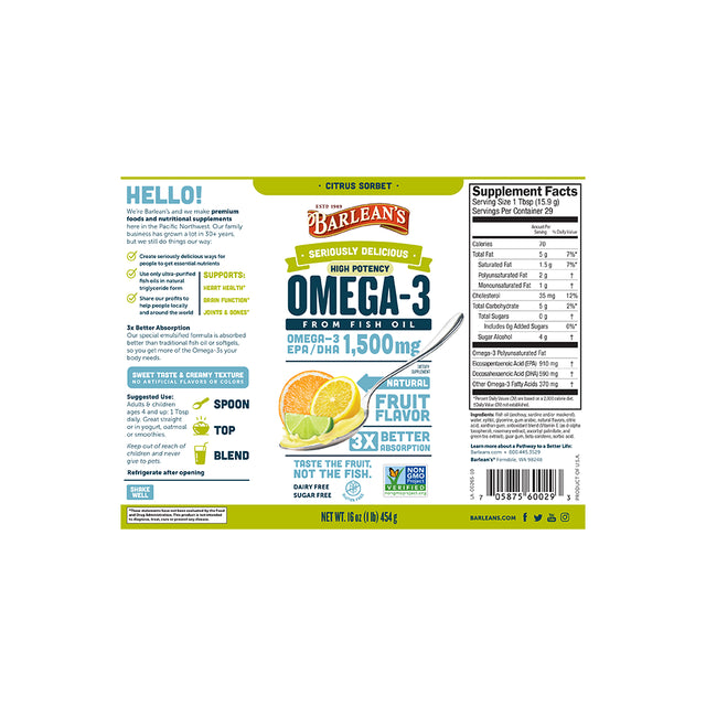 Barlean'S Citrus Sorbet High Potency Omega 3 Fish Oil Supplements - 1500Mg of Omega 3 EPA/DHA for Brain, Heart, Joint, & Immune Health - All-Natural Fruit Flavor, Non GMO, Gluten Free - 16 Oz