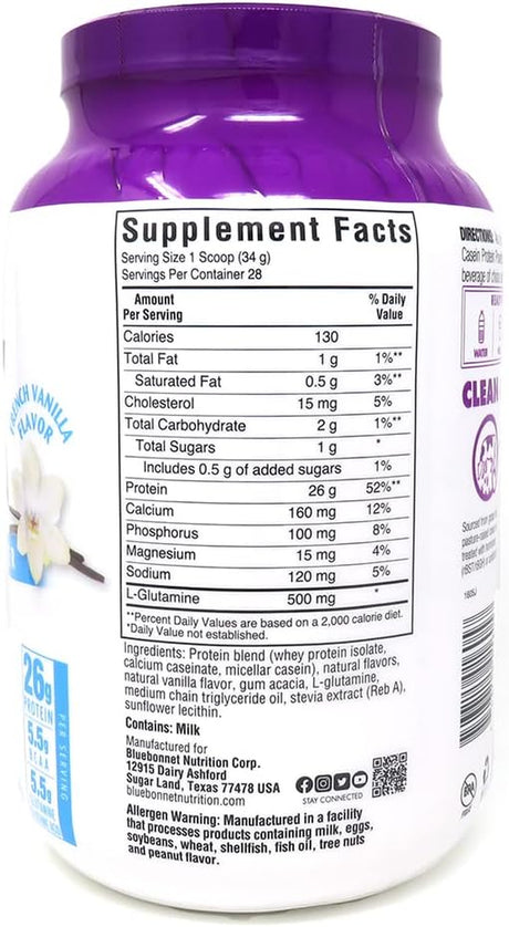 Bluebonnet Nutrition Whey & Casein Protein Powder, Whey from Grass Fed Cows, 26 Grams of Protein, No Sugar Added, Non GMO, Gluten Free, Soy Free, Kosher, 2.1 Lbs, 28 Serving, French Vanilla Flavor