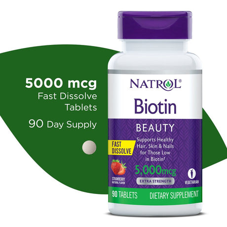 Natrol Biotin Beauty Tablets, Promotes Healthy Hair, Skin and Nails, 5000 Mcg, 90 Count