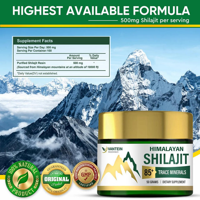 Vantein Pure Himalayan Shilajit Resin Supplement 50 Day Supply, 85+ Trace Minerals Complex for Brain Booster, Energy, Immune Support, Overall Health