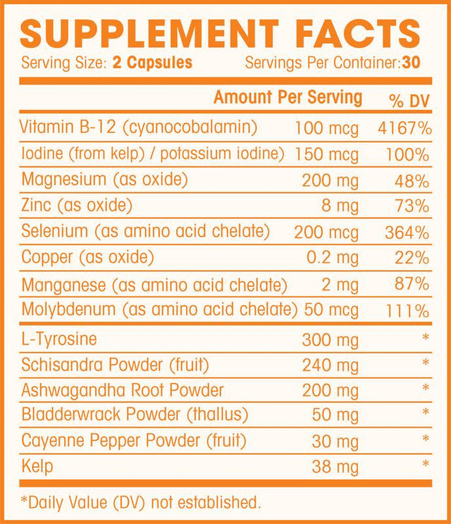 Thyroid Support Complex with Iodine for Energy Levels, Weight Loss, Metabolism, Fatigue & Brain Function - Natural Health Supplement Formula: L-Tyrosine, Selenium, Kelp, Bladderwrack, Ashwagandha, Etc