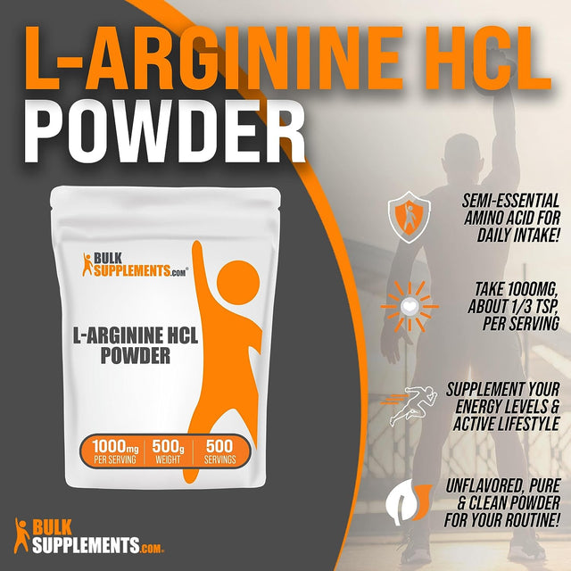 BULKSUPPLEMENTS.COM L-Arginine Hcl Powder - L-Arginine 1000Mg, Arginine Supplement - Nitric Oxide Supplement, Nitric Oxide Powder - Pure & Gluten Free, 1000Mg per Serving, 500G (1.1 Lbs)