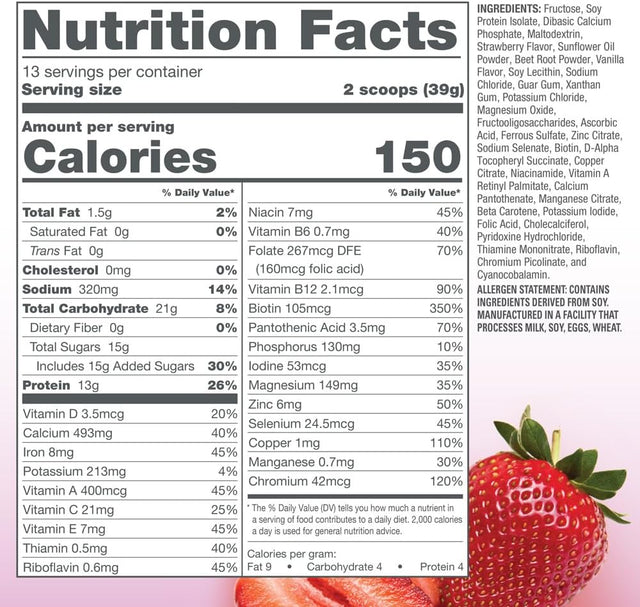 Naturade Total Soy Protein Powder - 13G Protein & 150 Calories per Servings- Non-Gmo Soy - 0G Trans Fat - Lactose & Gluten Free - Strawberry Creme (13 Servings)