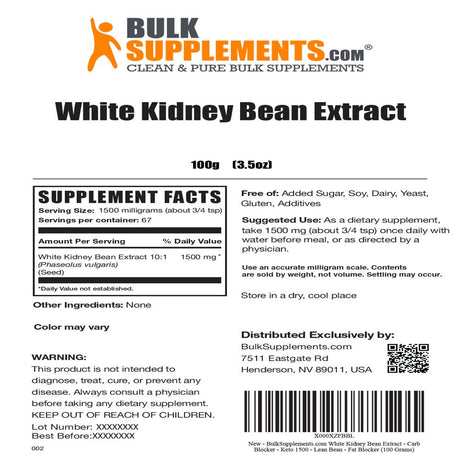 Bulksupplements.Com White Kidney Bean Extract - Carb Blocker - Keto 1500 - Lean Bean - Fat Blocker (100 Grams)