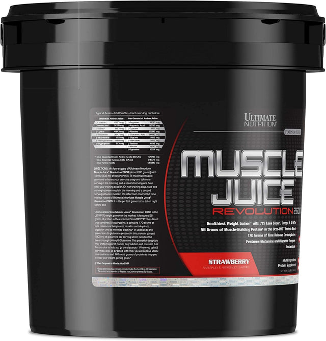 Ultimate Nutrition Muscle Juice Revolution 2600, Lean Muscle Mass Gainer Protein Powder with Glutamine, Whey Protein Isolate for Weight Gain, Time Release Carbohydrates, 11.1 Pounds, Strawberry