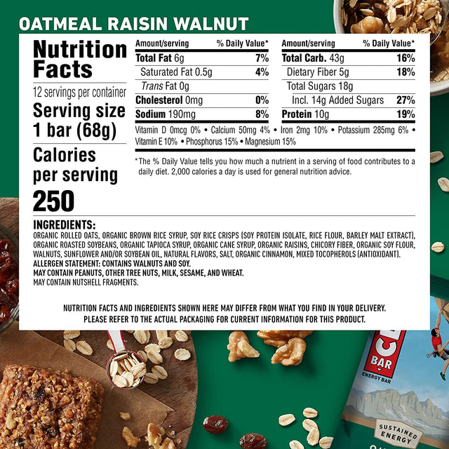 CLIF BARS - Energy Bars - Oatmeal Raisin Walnut - Made with Organic Oats - Plant Based Food - Vegetarian - Kosher (2.4 Ounce Protein Bars, 12 Count)