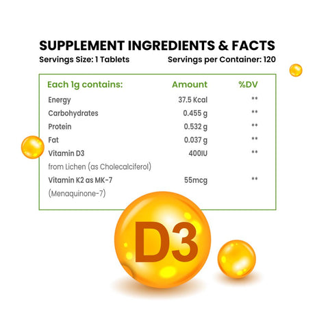 Himalayan Organics Vitamin D3 600 IU + K2 as MK7 Supplement | Supports Stronger Immunity & Bone & Heart Health | Healthy Heart for Men and Women - 120 Veg Tablets