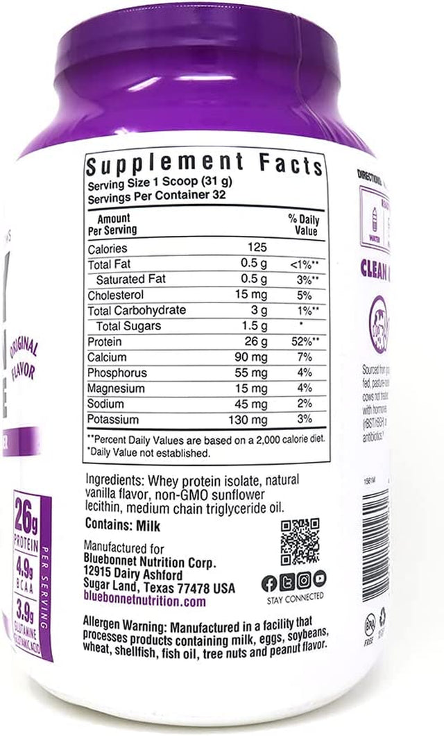 Bluebonnet Nutrition Whey Protein Isolate Powder, Whey from Grass Fed Cows, 26 Grams of Protein, No Sugar Added, Gluten Free, Soy Free, Kosher Dairy, 2.2 Lbs, 32 Servings, Original Unflavored