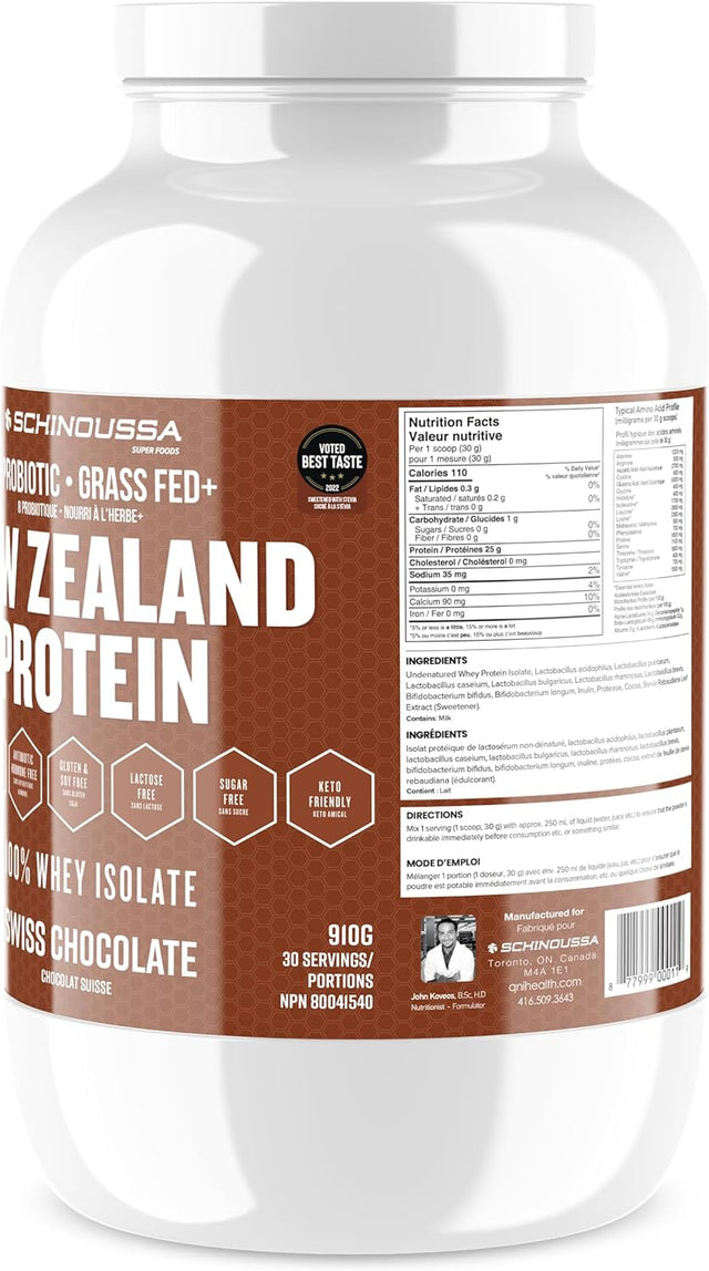 Schinoussa Super Foods New Zealand WHEY Protein Isolate | 25-28G Protein | 0G of Sugar | 1G of Carbs | 110-112 Calories (Swiss Chocolate, 2 LB)